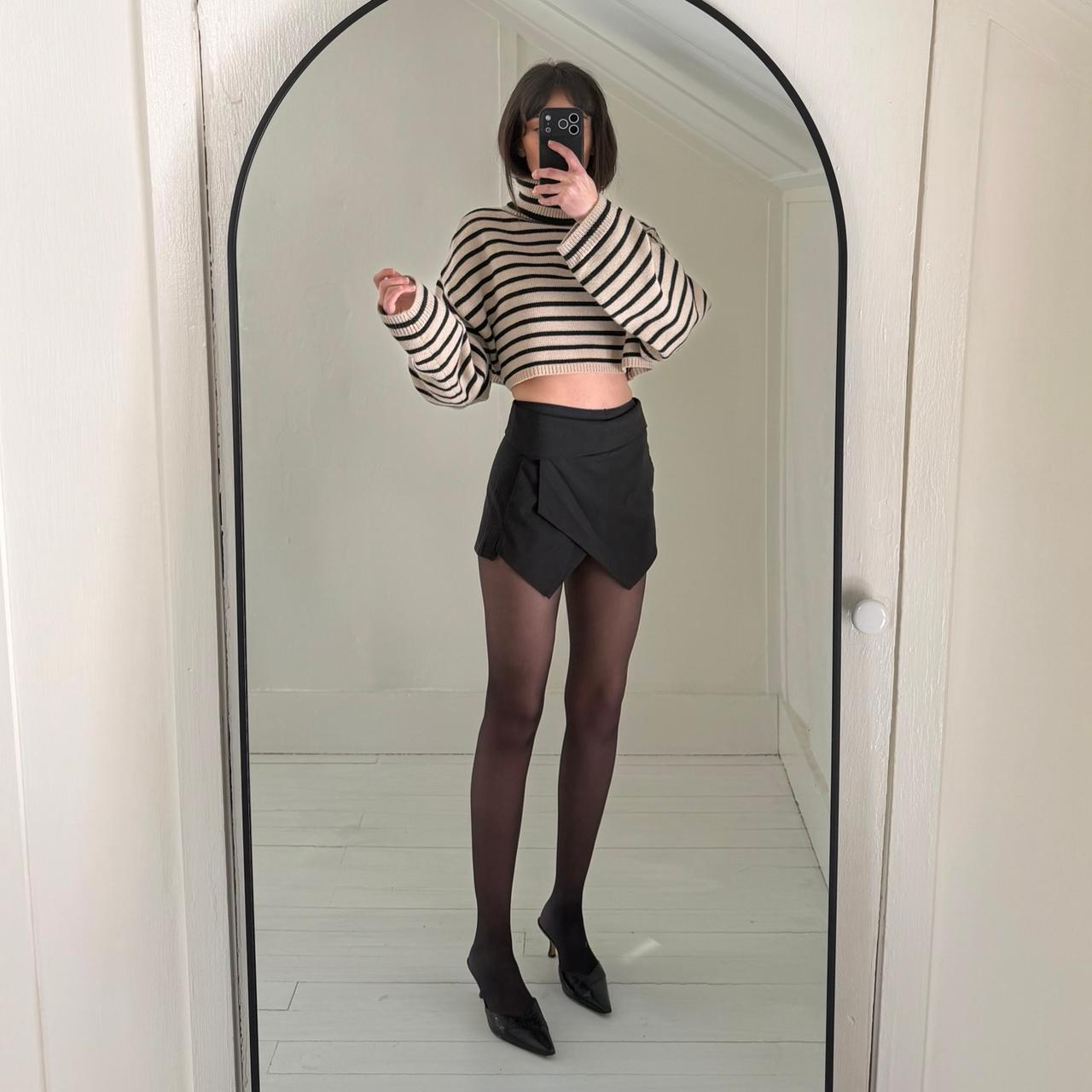 The Frankie Shop Athina Wool Cropped Turtleneck Sweater in Beige Stripe M/L