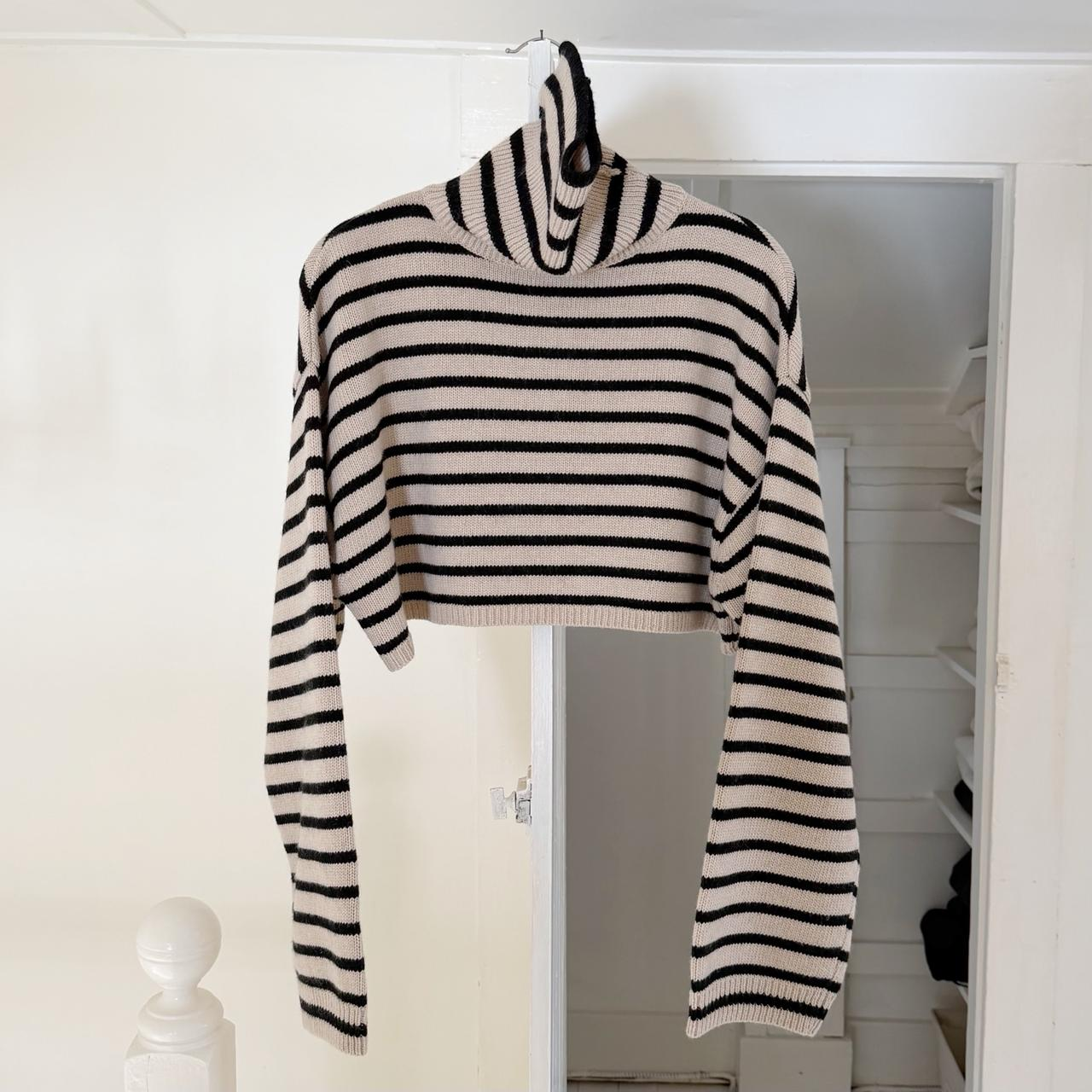 The Frankie Shop Athina Wool Cropped Turtleneck Sweater in Beige Stripe M/L