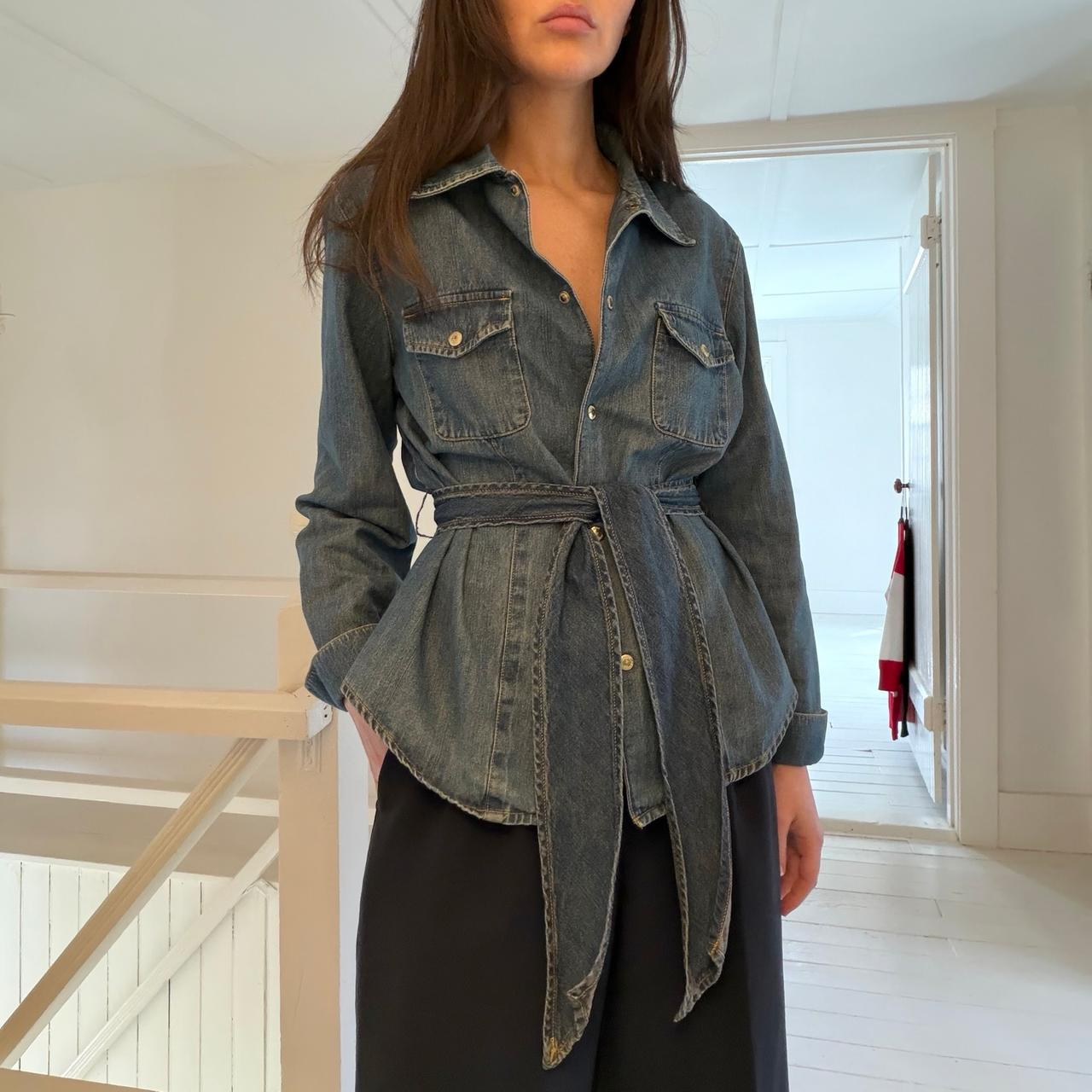 Jones New York Vintage 90s Chambray Denim Belted Shirt Size L