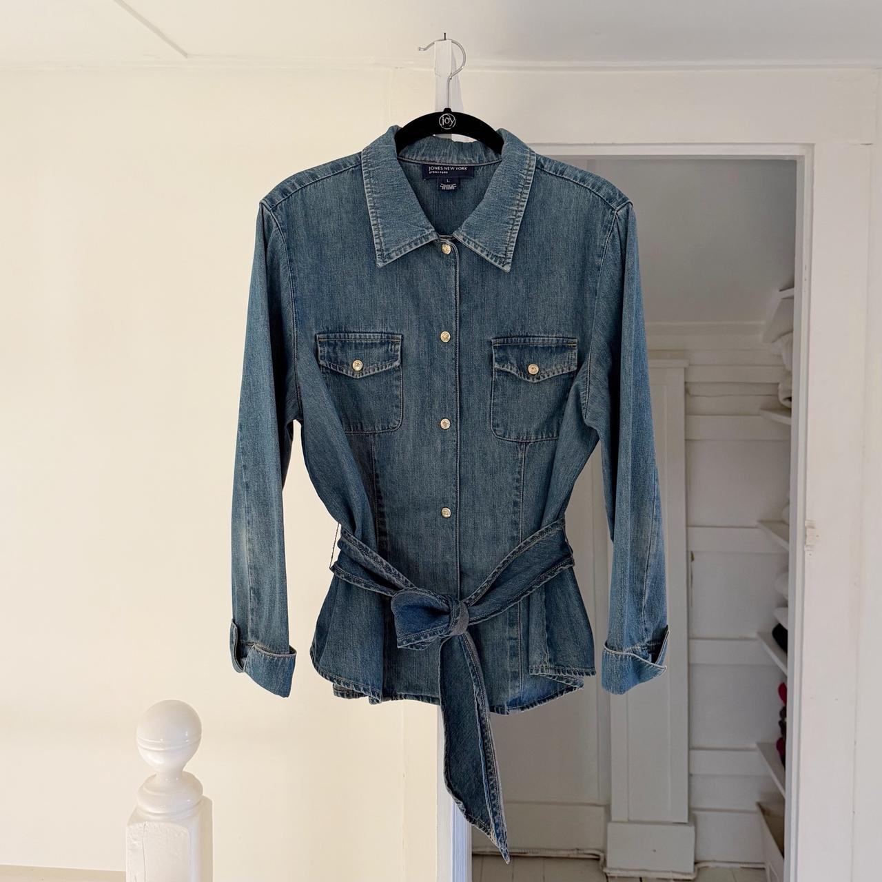 Jones New York Vintage 90s Chambray Denim Belted Shirt Size L