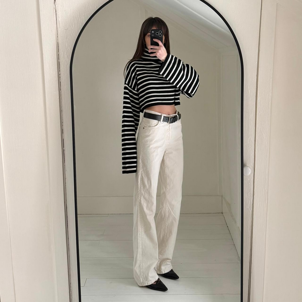 The Frankie Shop Athina Wool Cropped Turtleneck Sweater in Black Stripe M/L