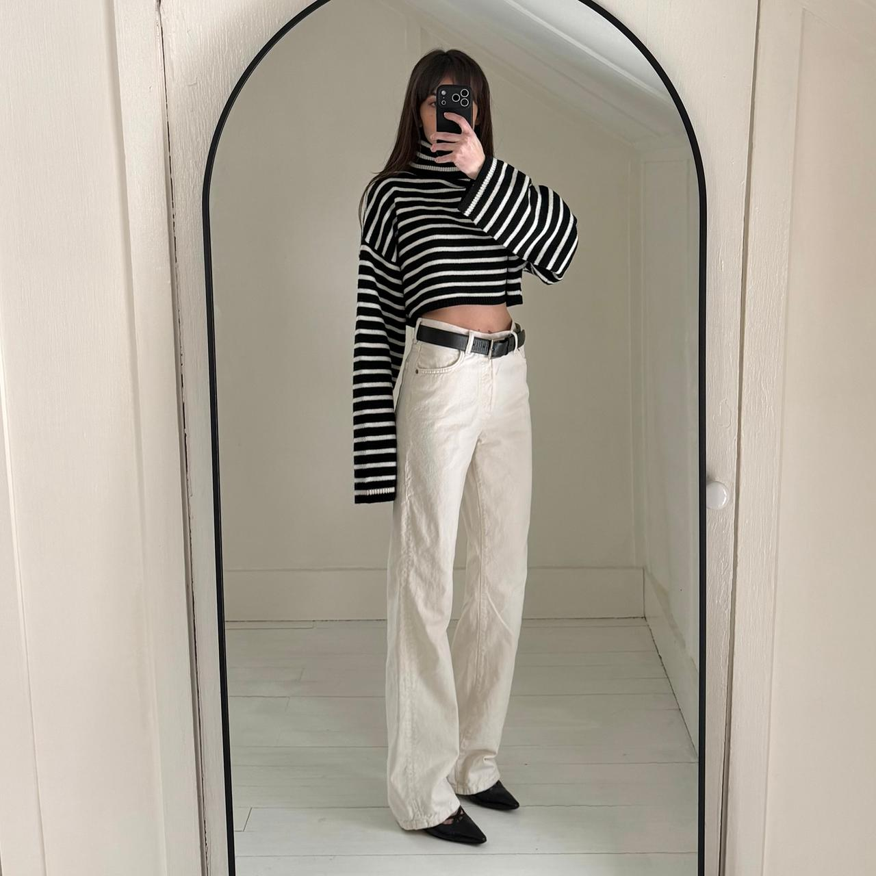 The Frankie Shop Athina Wool Cropped Turtleneck Sweater in Black Stripe M/L