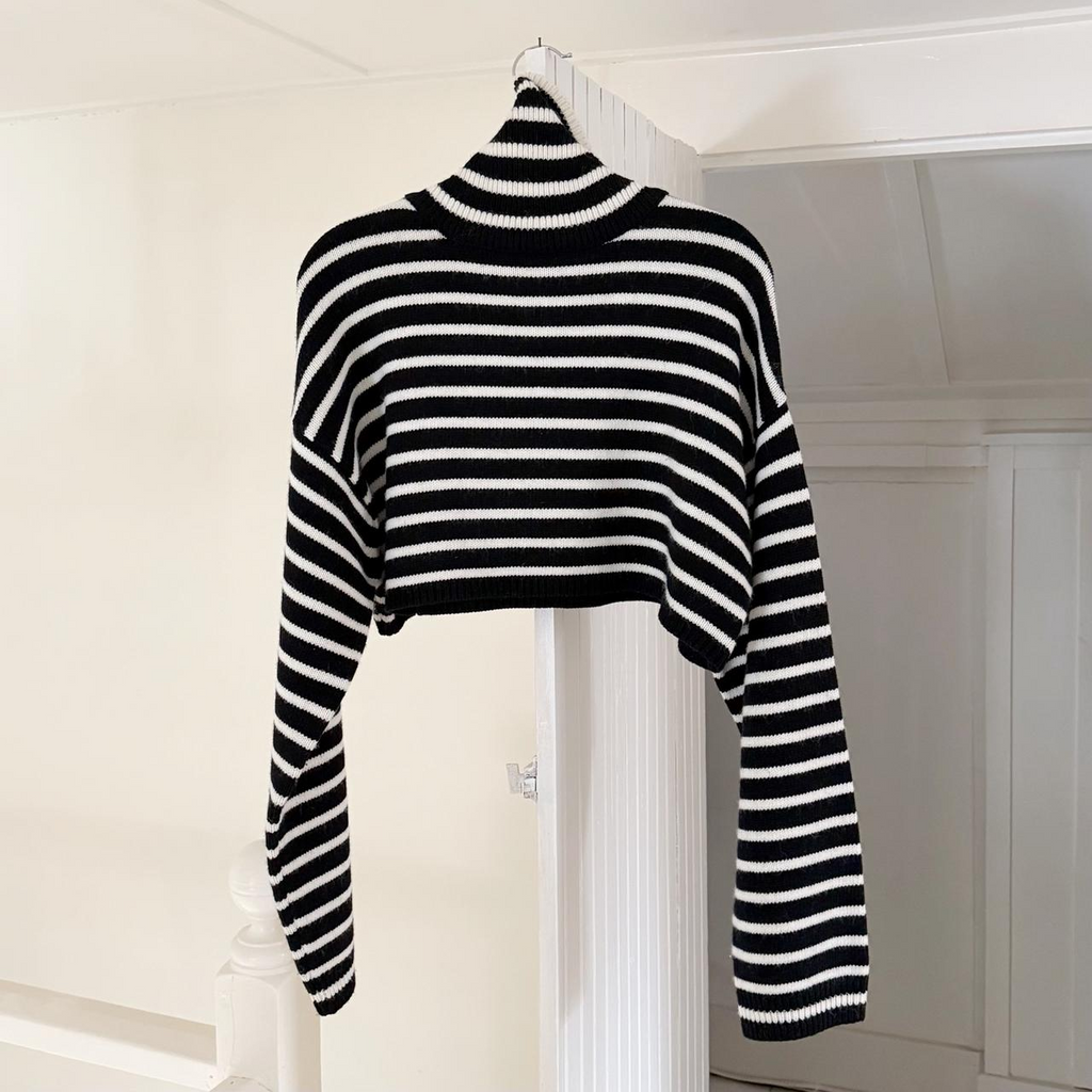 The Frankie Shop Athina Wool Cropped Turtleneck Sweater in Black Stripe M/L