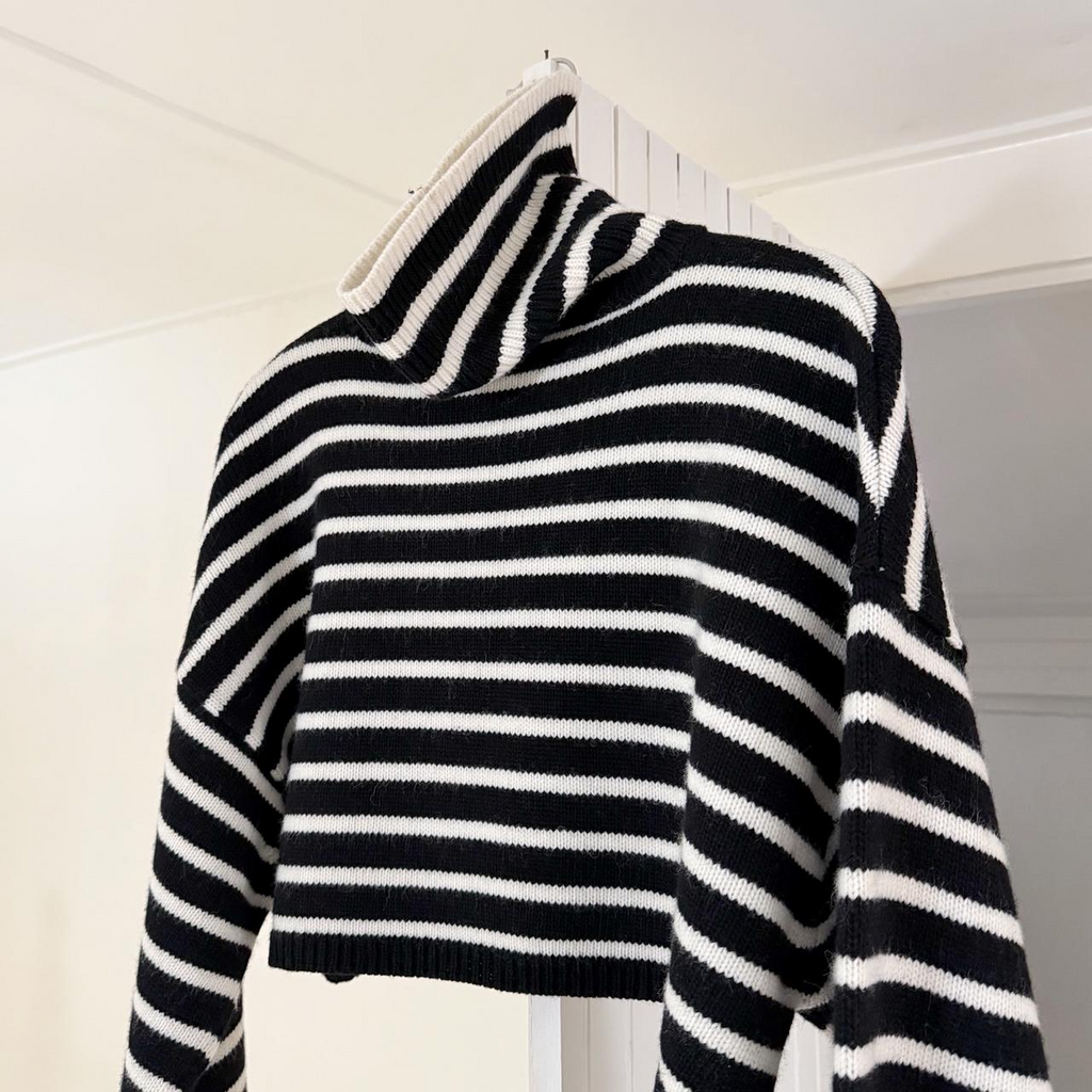 The Frankie Shop Athina Wool Cropped Turtleneck Sweater in Black Stripe M/L