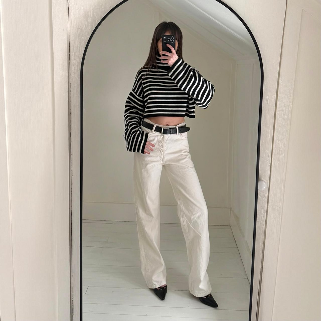 The Frankie Shop Athina Wool Cropped Turtleneck Sweater in Black Stripe M/L
