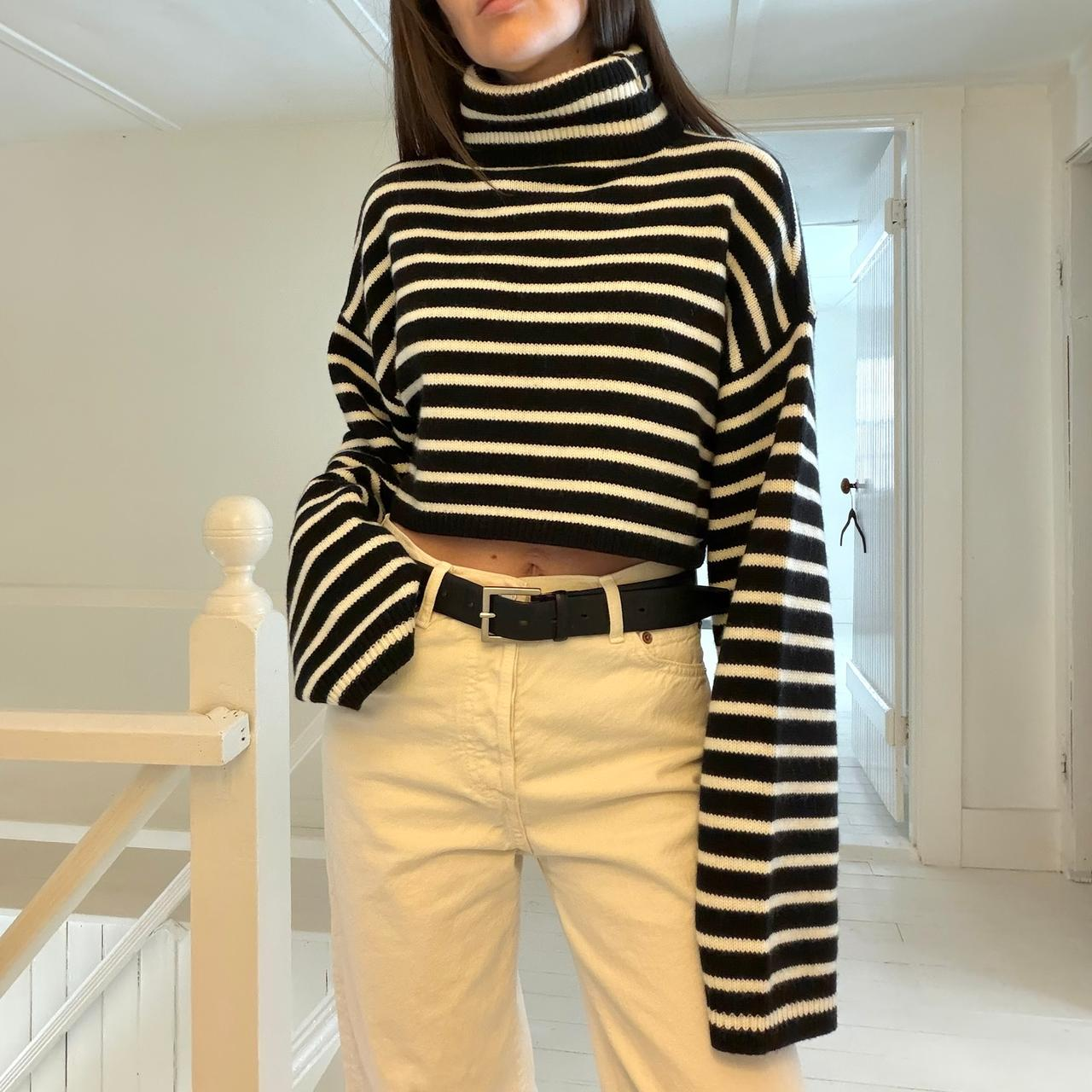 The Frankie Shop Athina Wool Cropped Turtleneck Sweater in Black Stripe M/L