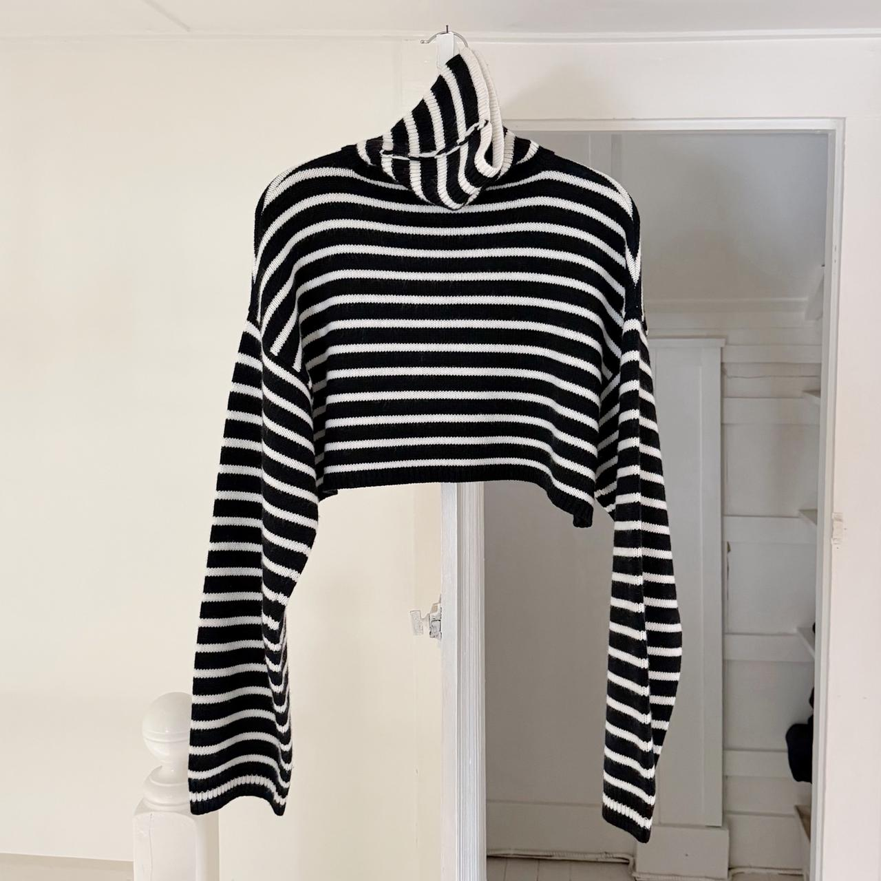 The Frankie Shop Athina Wool Cropped Turtleneck Sweater in Black Stripe M/L