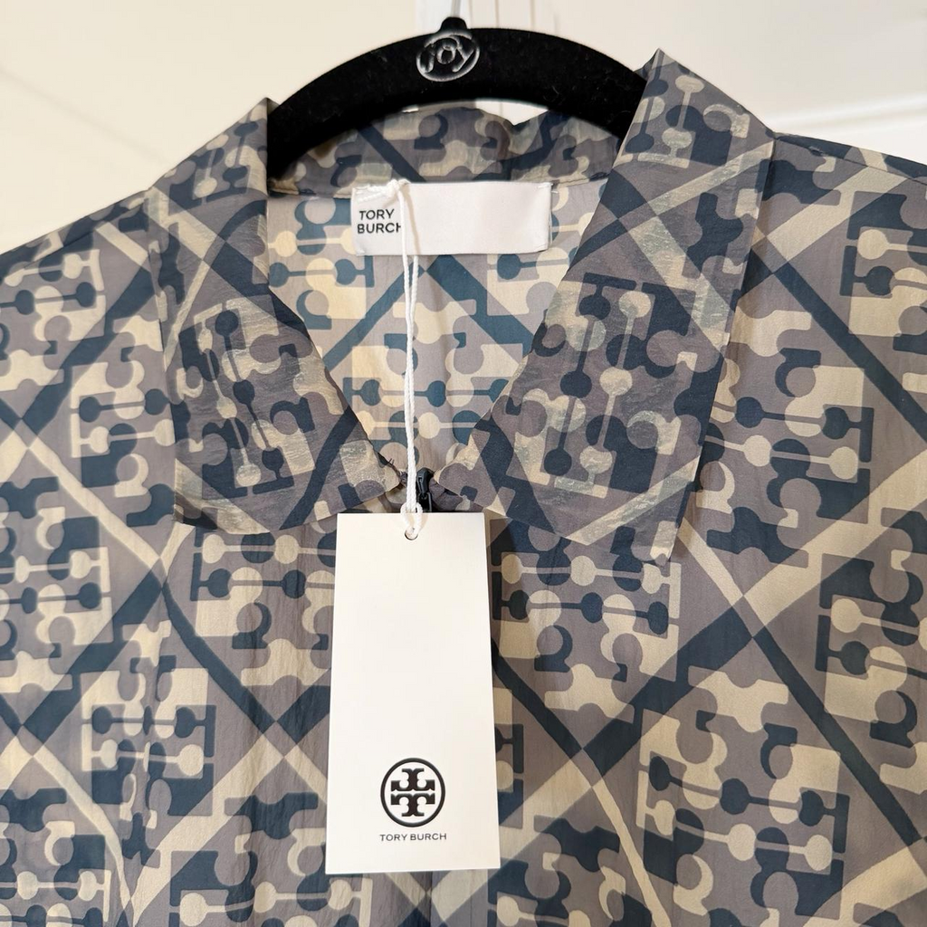 Tory Burch Prismatic T Monogram Nylon Zip Polo Top Gray NWT Size 6