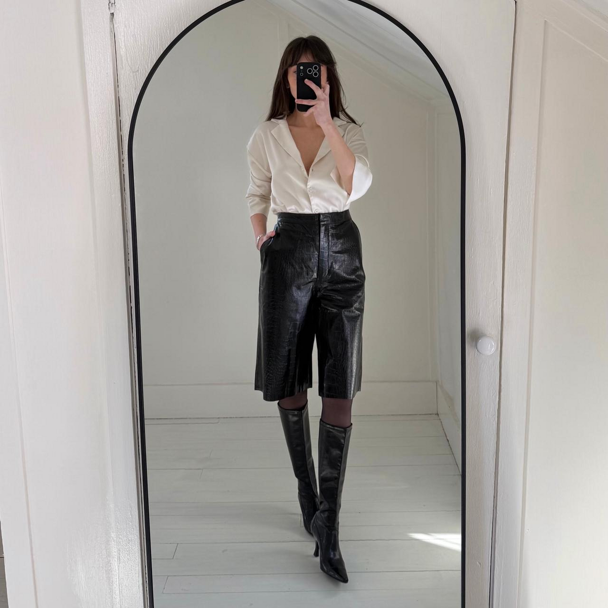 Remain Birger Christensen Manua Leather Croc Bermuda Shorts in Black Size 8