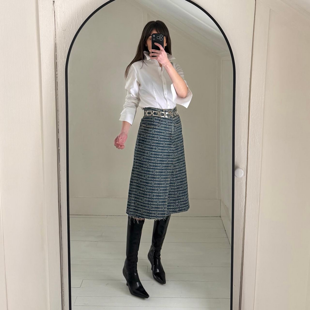 Tory Burch Deconstructed Denim Skirt in Sublime Jacquard Vintage Wash NWT 8
