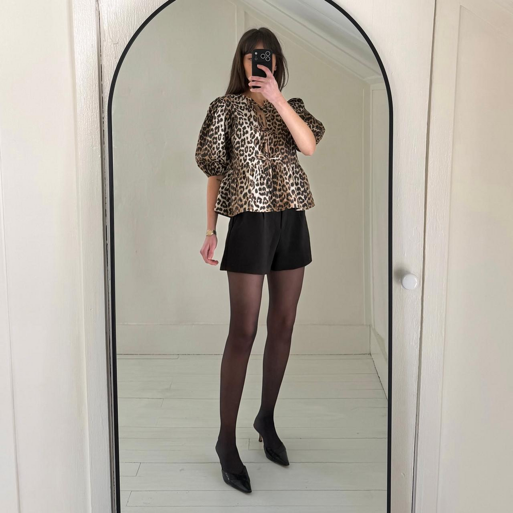 Ganni Leopard Cotton Poplin Peplum Tie Blouse NWT Size 32