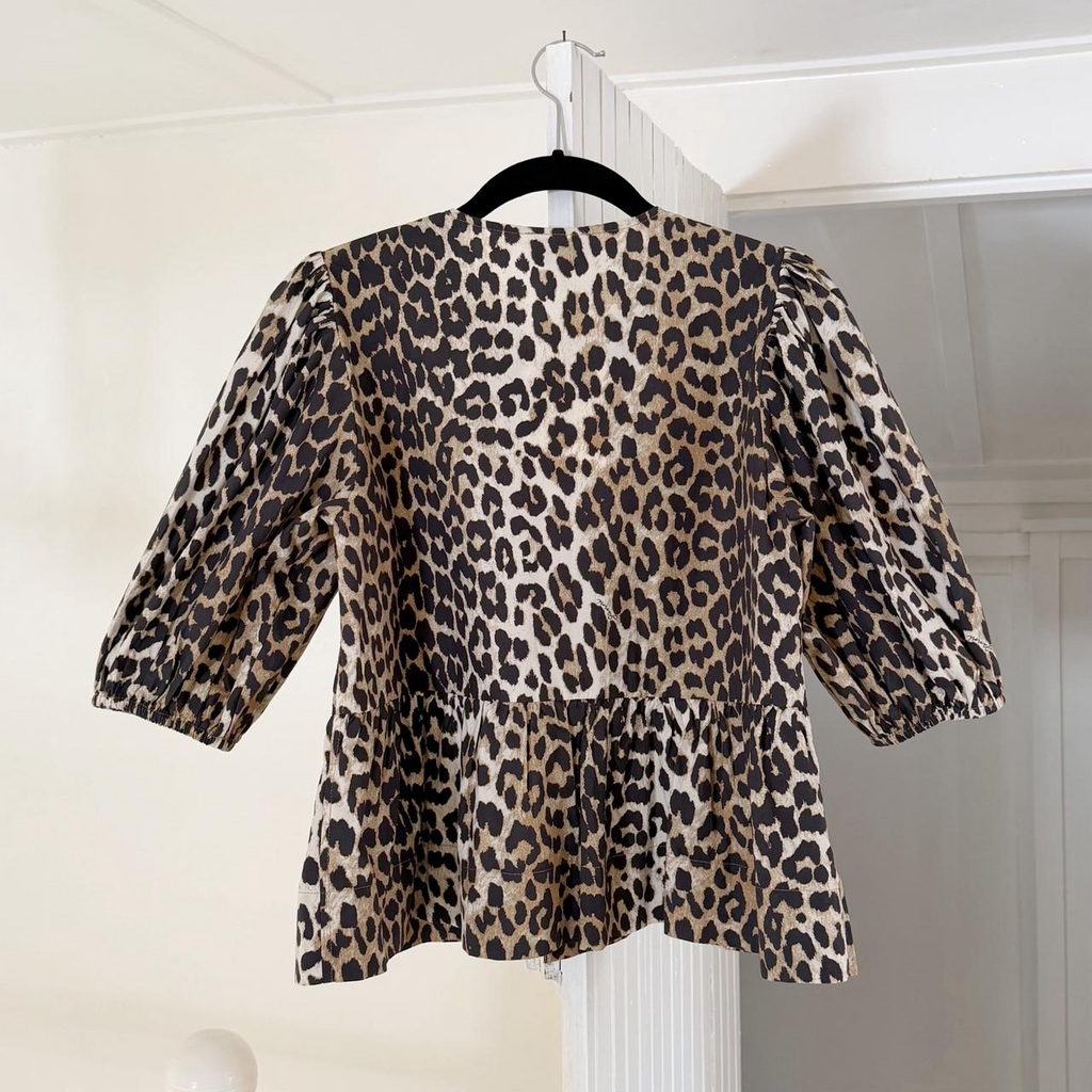 Ganni Leopard Cotton Poplin Peplum Tie Blouse NWT Size 32