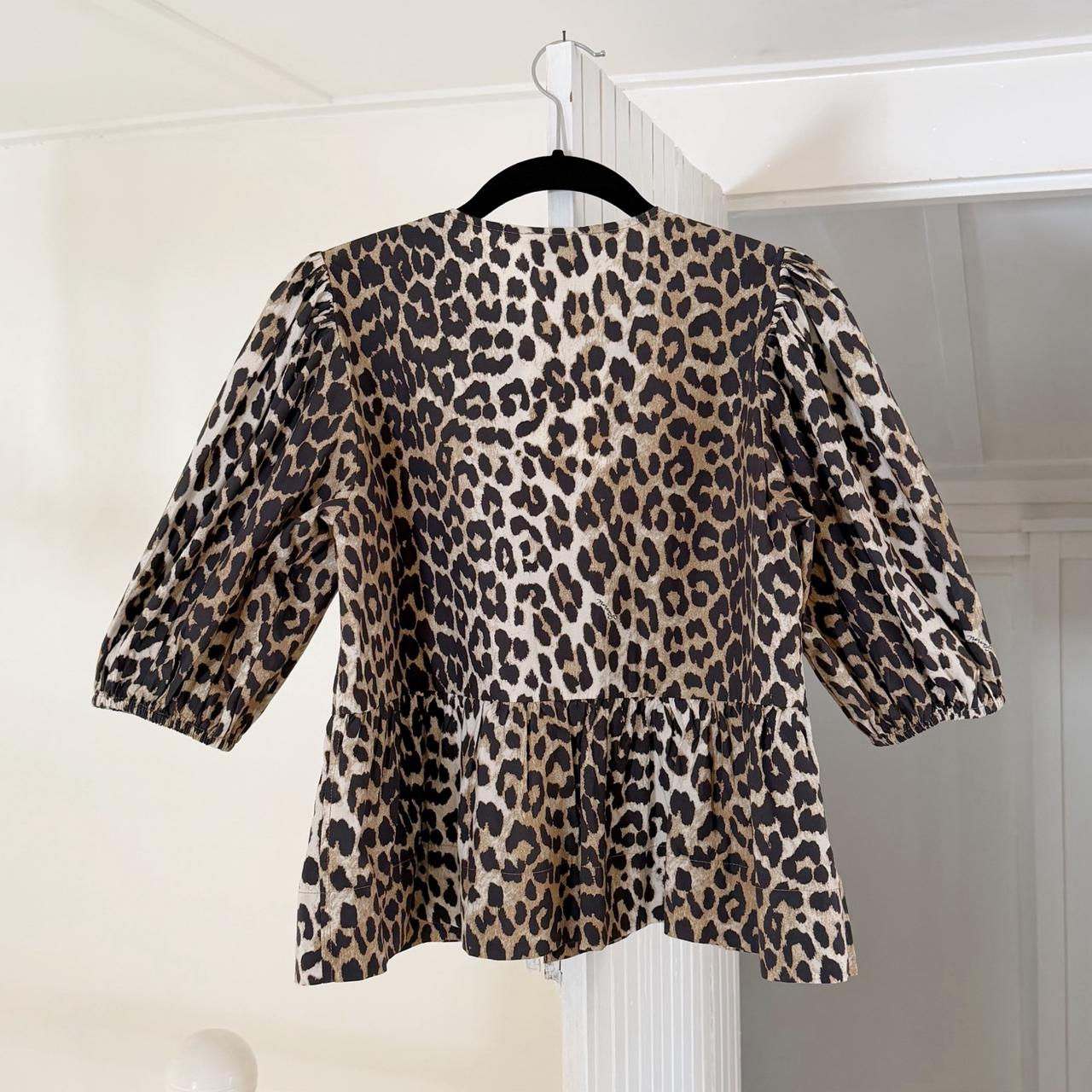 Ganni Leopard Cotton Poplin Peplum Tie Blouse NWT Size 32
