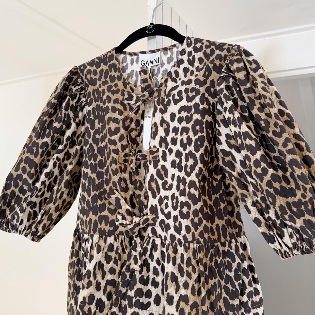 Ganni Leopard Cotton Poplin Peplum Tie Blouse NWT Size 32