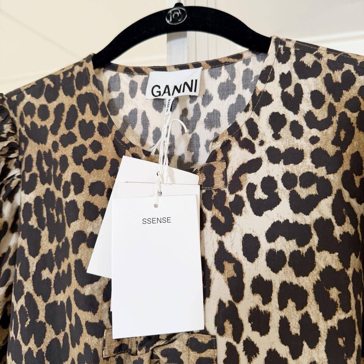 Ganni Leopard Cotton Poplin Peplum Tie Blouse NWT Size 32
