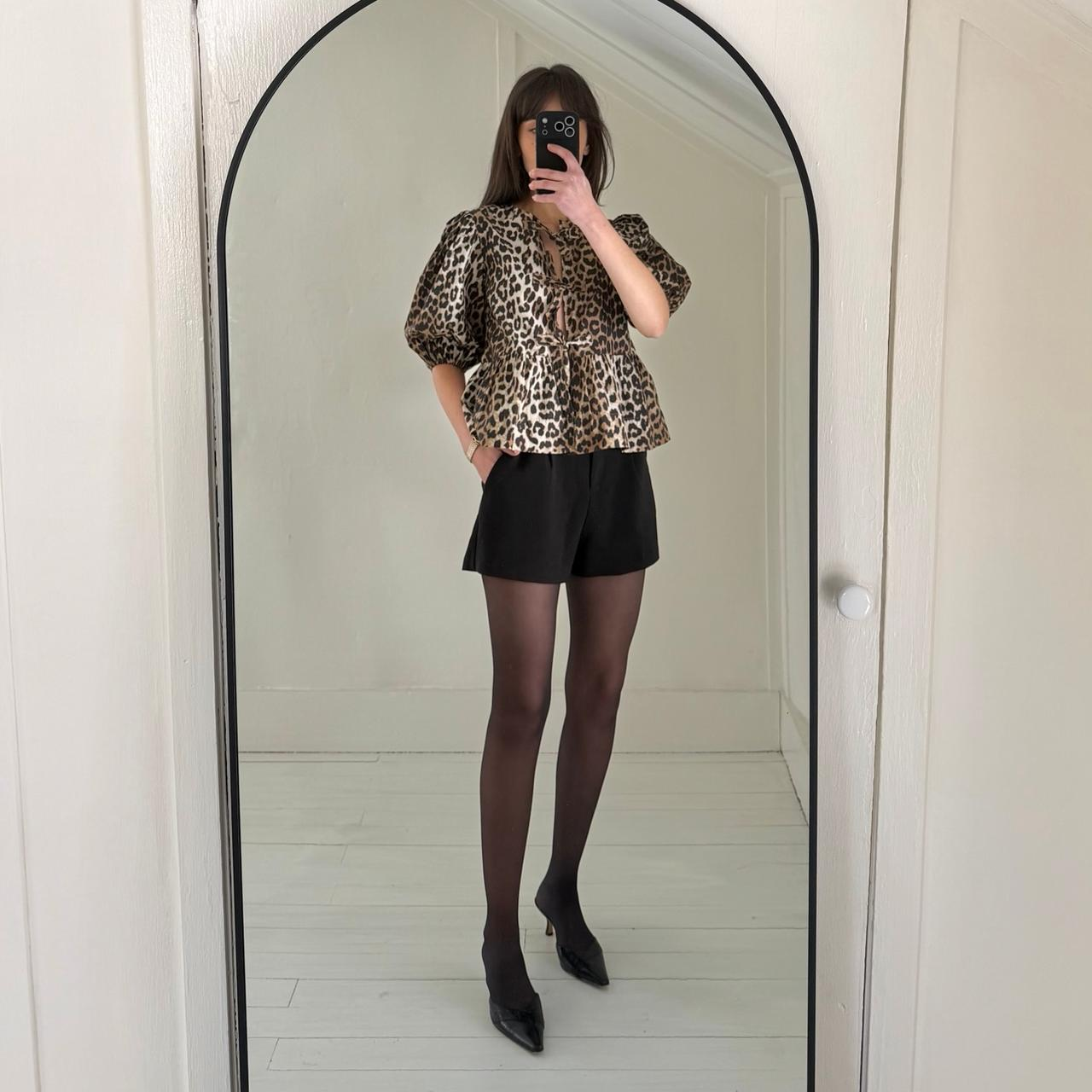 Ganni Leopard Cotton Poplin Peplum Tie Blouse NWT Size 32