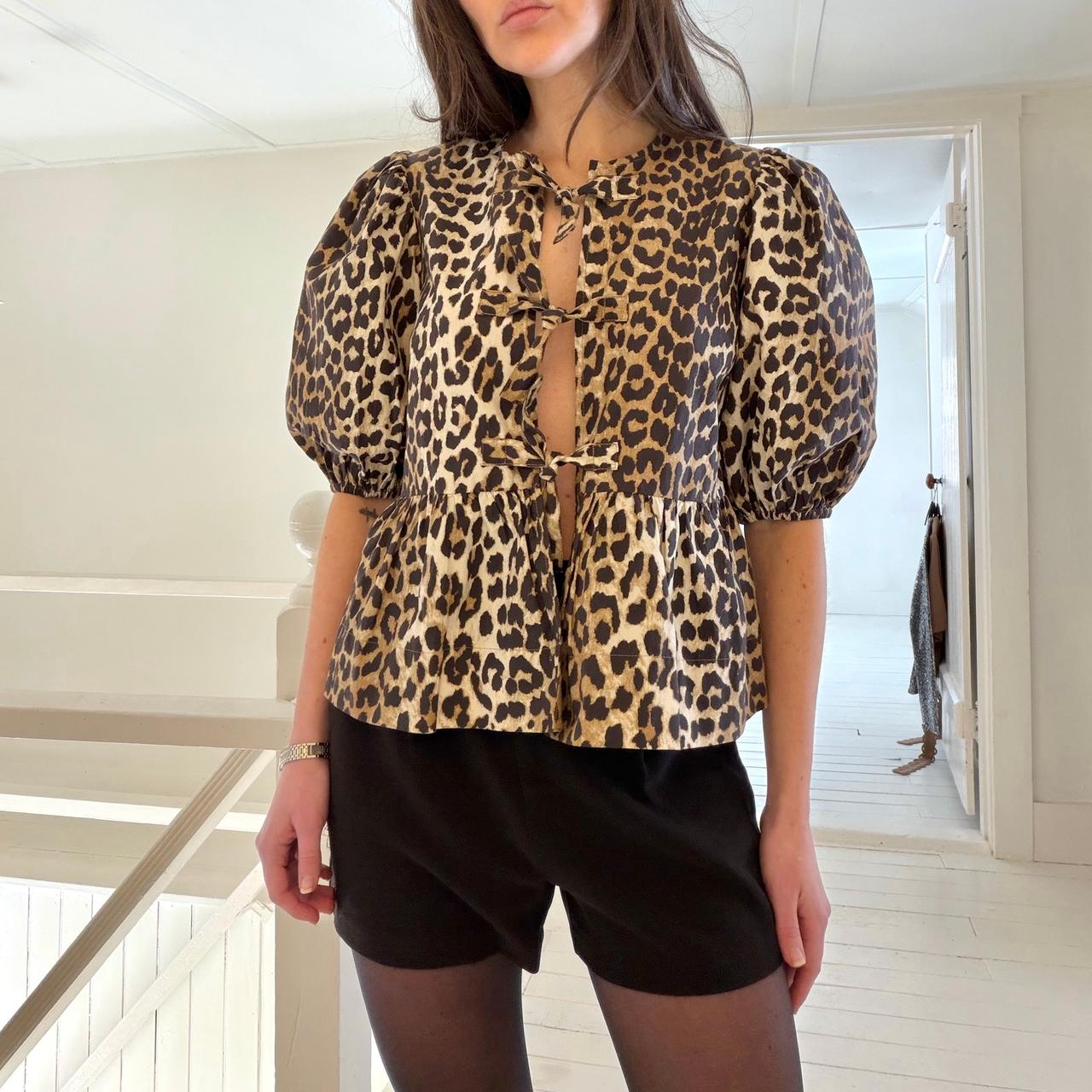 Ganni Leopard Cotton Poplin Peplum Tie Blouse NWT Size 32