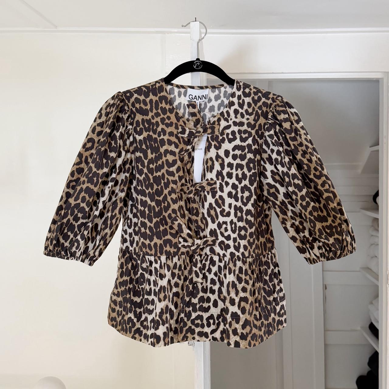 Ganni Leopard Cotton Poplin Peplum Tie Blouse NWT Size 32