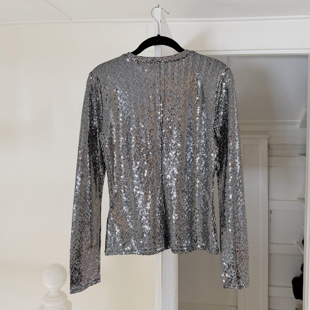 7 For All Mankind Long Sleeve Sequin Sparkle Top Silver NWT Size M