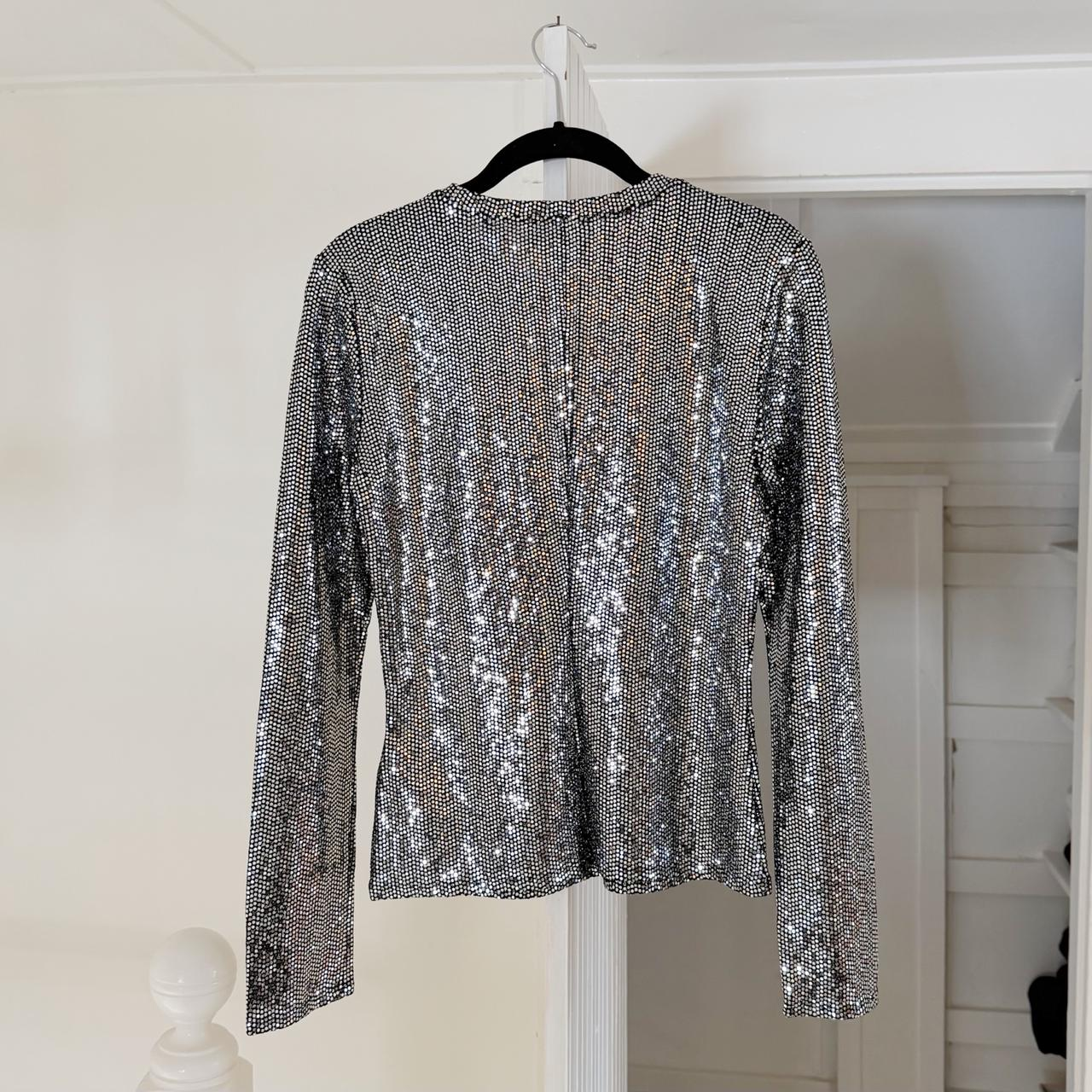 7 For All Mankind Long Sleeve Sequin Sparkle Top Silver NWT Size M