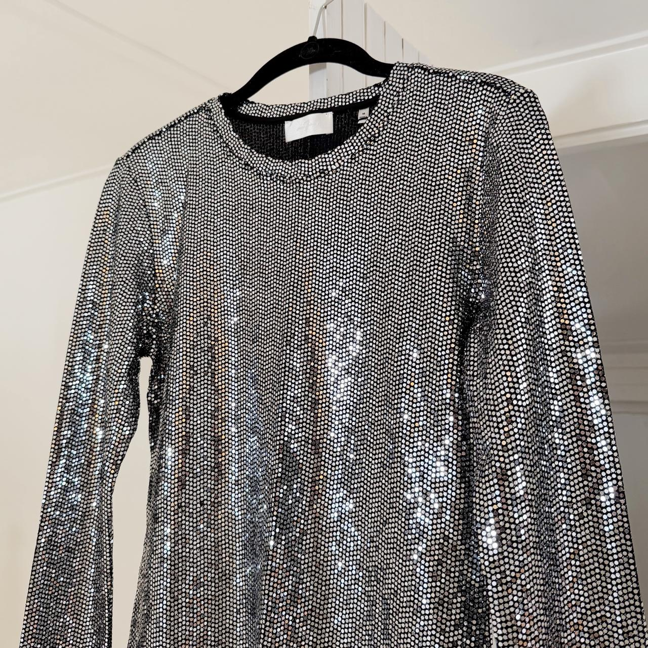 7 For All Mankind Long Sleeve Sequin Sparkle Top Silver NWT Size M