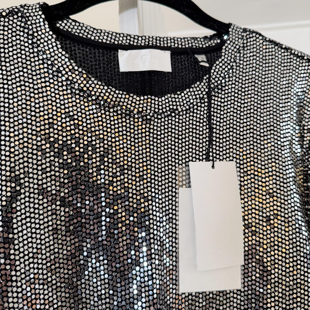 7 For All Mankind Long Sleeve Sequin Sparkle Top Silver NWT Size M