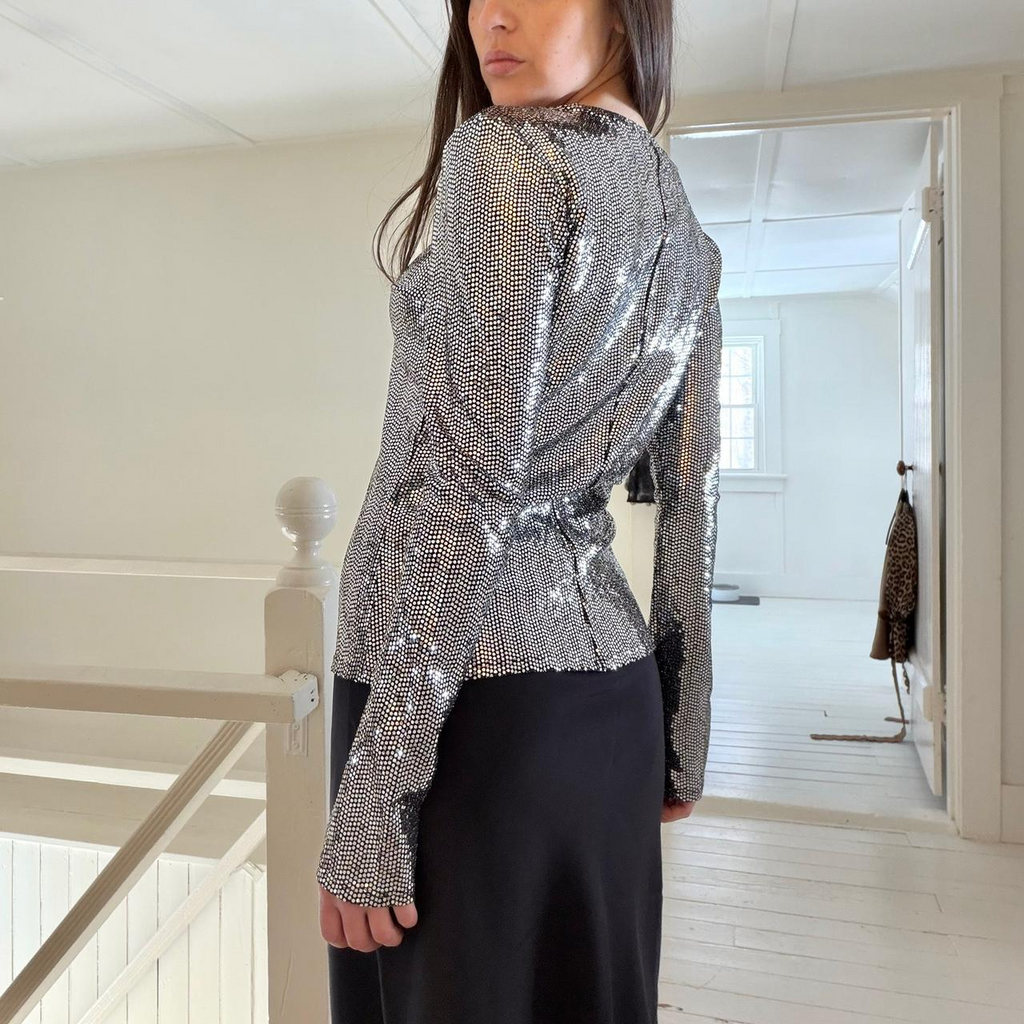7 For All Mankind Long Sleeve Sequin Sparkle Top Silver NWT Size M