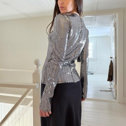 7 For All Mankind Long Sleeve Sequin Sparkle Top Silver NWT Size M