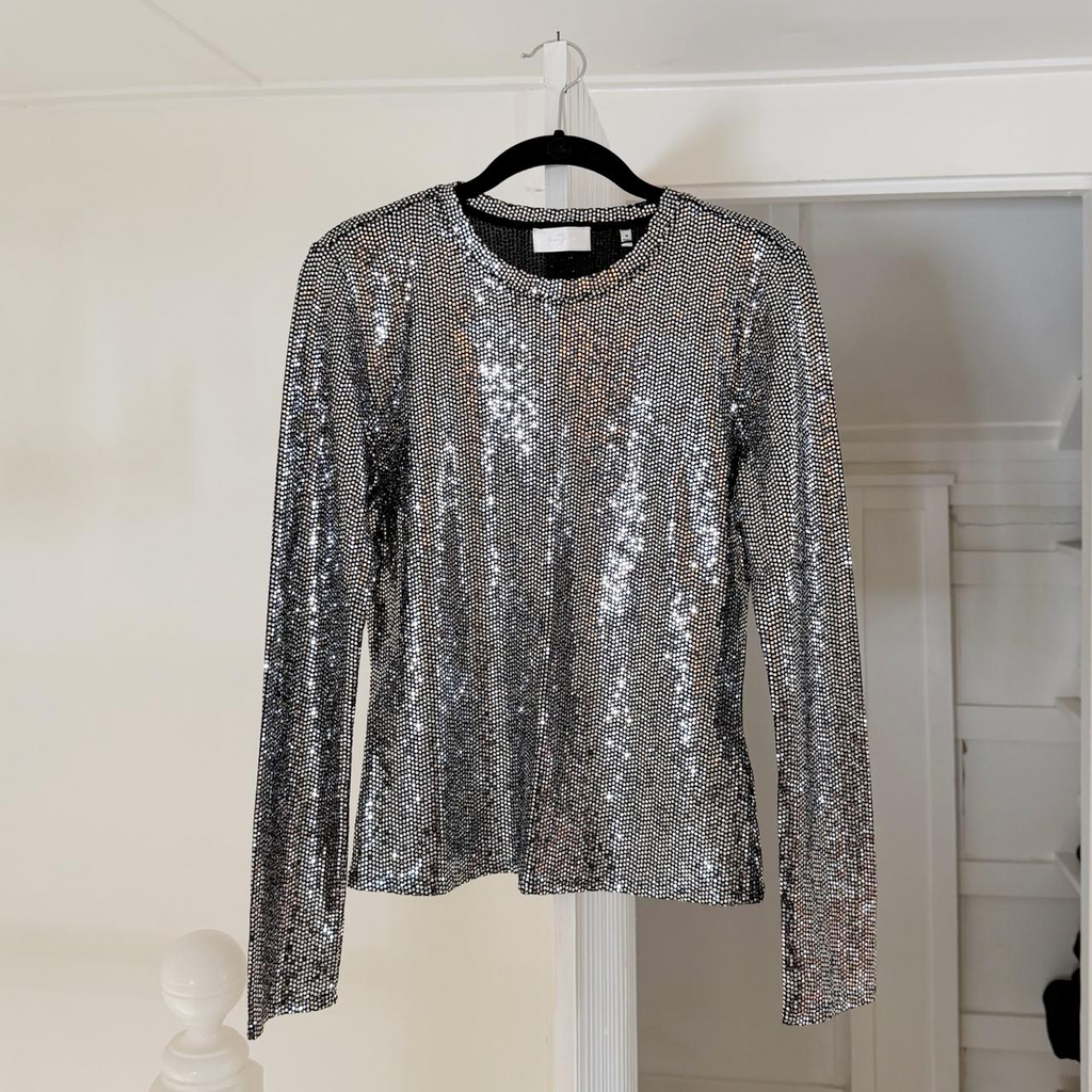 7 For All Mankind Long Sleeve Sequin Sparkle Top Silver NWT Size M
