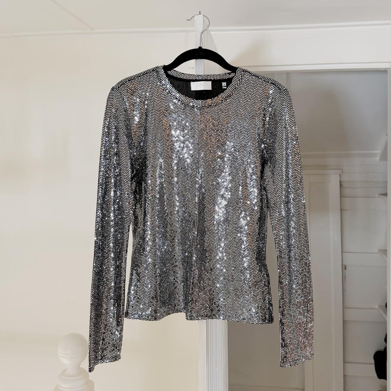 7 For All Mankind Long Sleeve Sequin Sparkle Top Silver NWT Size M