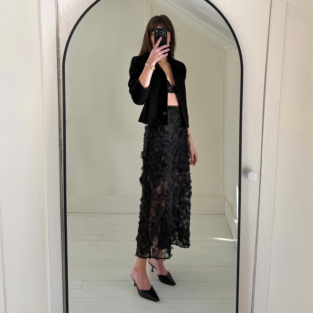 Mijeong Park Sheer Appliqued Midi Skirt in Black NWT Size L