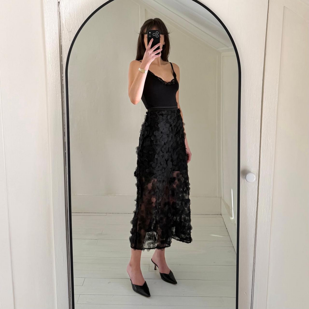 Mijeong Park Sheer Appliqued Midi Skirt in Black NWT Size L