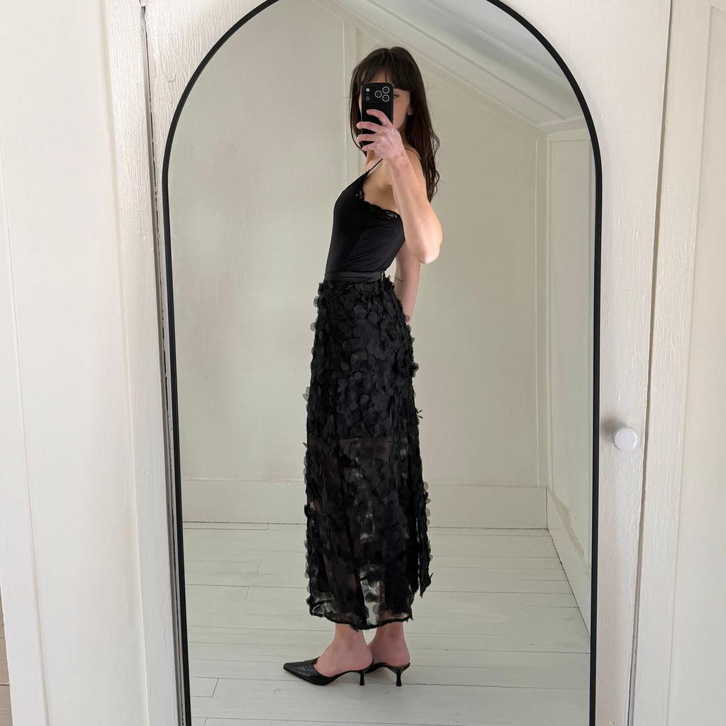 Mijeong Park Sheer Appliqued Midi Skirt in Black NWT Size L