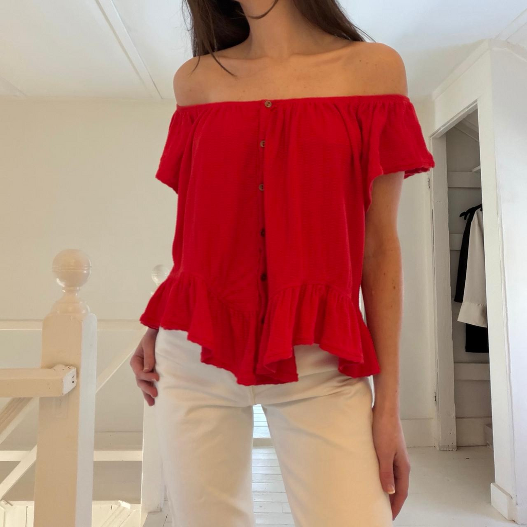 We The Free / Free People Mint Julep Off Shoulder Peasant Top Cherry Red Size M