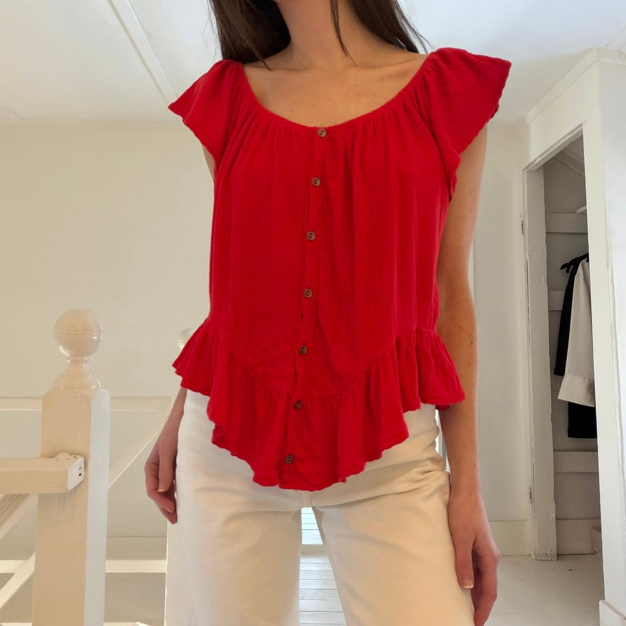 We The Free / Free People Mint Julep Off Shoulder Peasant Top Cherry Red Size M