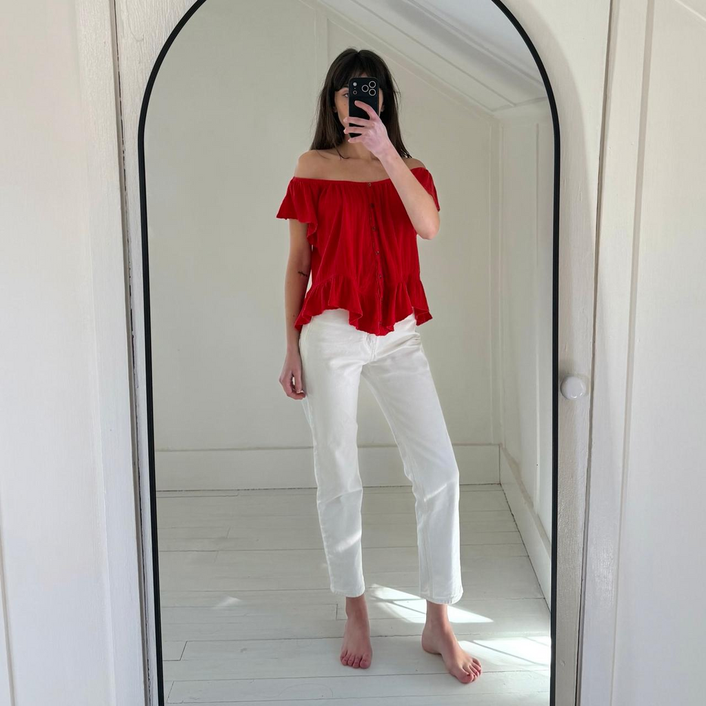 We The Free / Free People Mint Julep Off Shoulder Peasant Top Cherry Red Size M