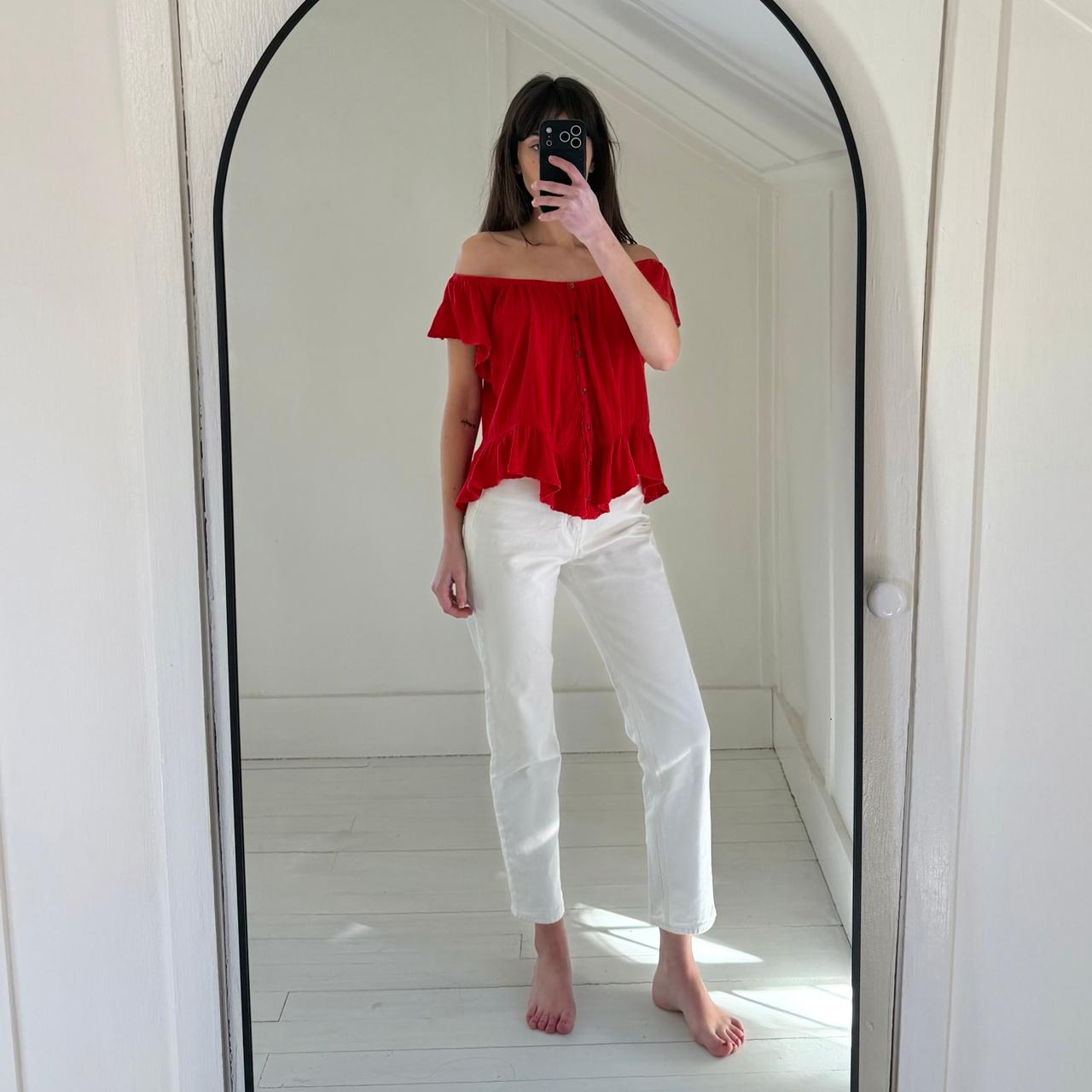 We The Free / Free People Mint Julep Off Shoulder Peasant Top Cherry Red Size M